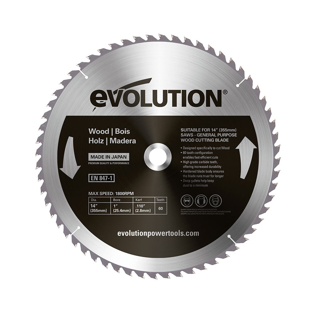 Evolution 14BLADEWD | 14 in. | 60T | 1 in. Arbor | Fine Cut Wood TCT Blade