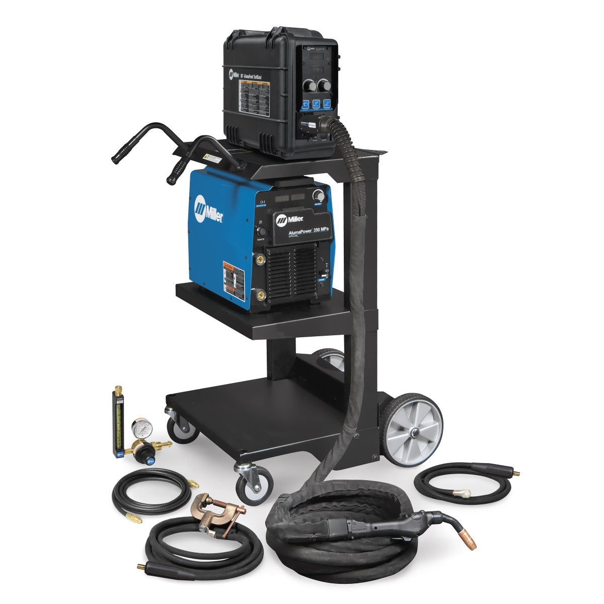 Miller AlumaPower 350 MPa MIG Welder, Feeder, Accessories and Cart - 951833