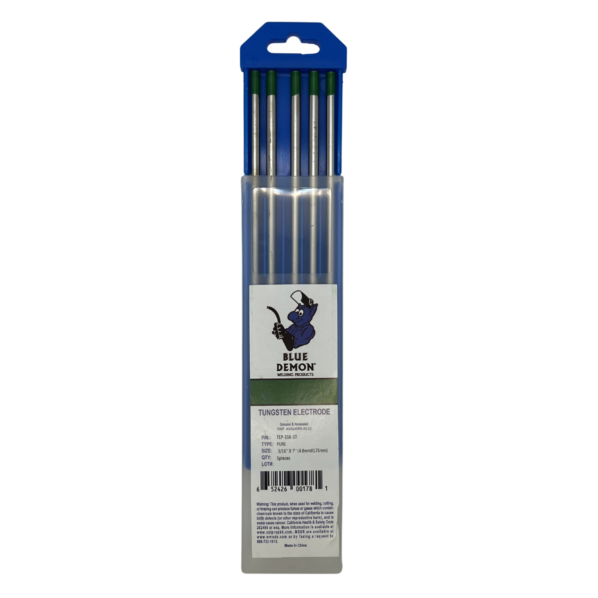Blue Demon EWP 3/16" Pure Tungsten, 5pk - TEP-316-5T