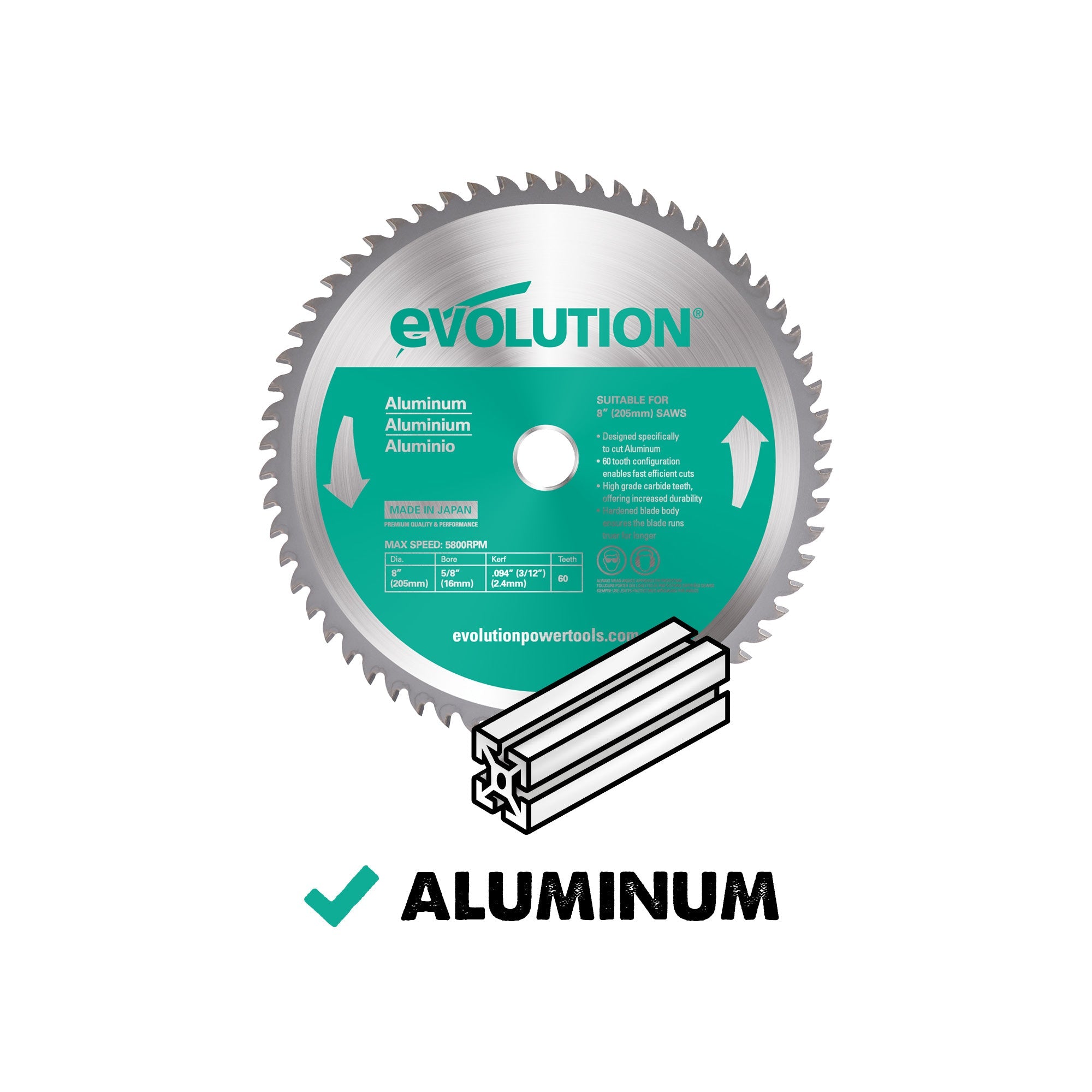 Evolution 8BLADEAL | 8 in. | 60T | 20mm. Arbor | Aluminum and Non-Ferrous Metal TCT Blade
